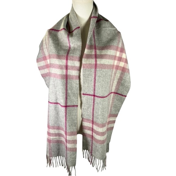 Burberry Scarf 100% Cashmere Made in Scotland Gray Pink Plaid 168x30cm Luxury - Picture 1 of 12